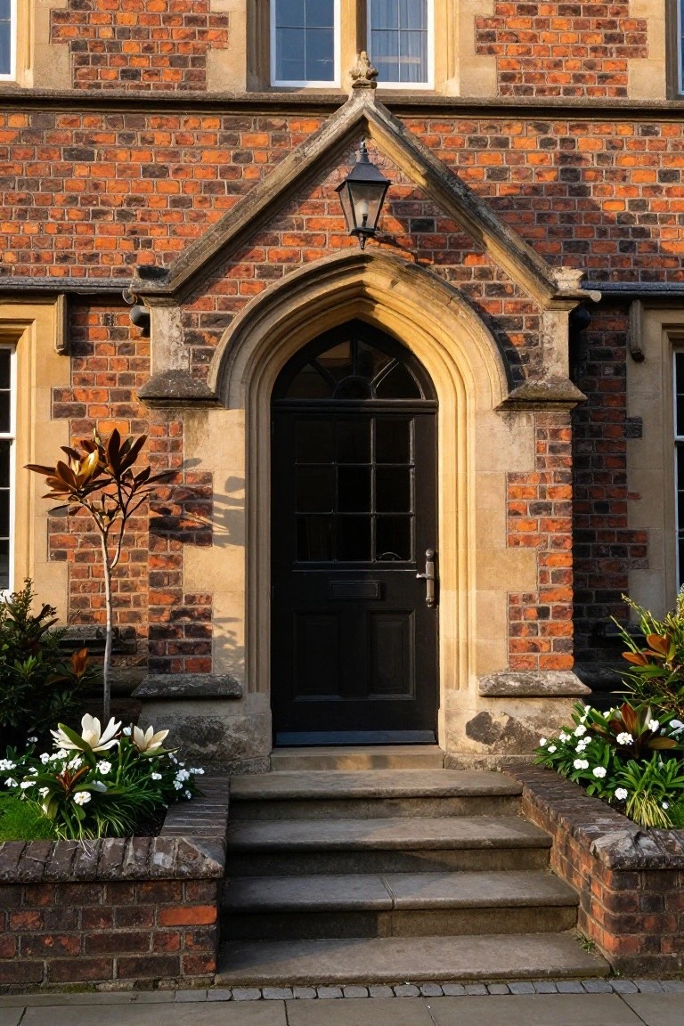 Red brick Tudor house exterior with a tall Gothic arched black paneled door, stone surround, lantern light above, stone steps, and potted plants on both sides.