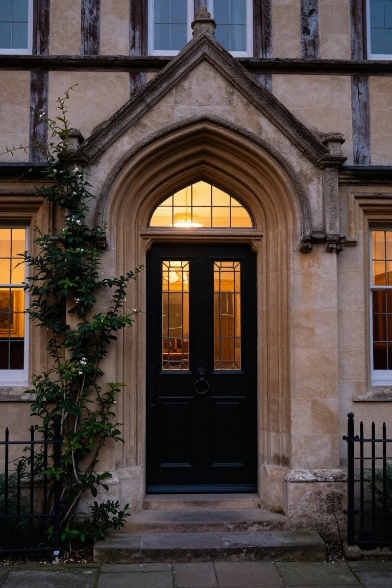 Beige stone Tudor house exterior with dark timber framing, tall arched entryway containing double black doors with glass uppers, ivy on the left wall, lit windows on both sides, black iron fence, and stone steps at dusk.