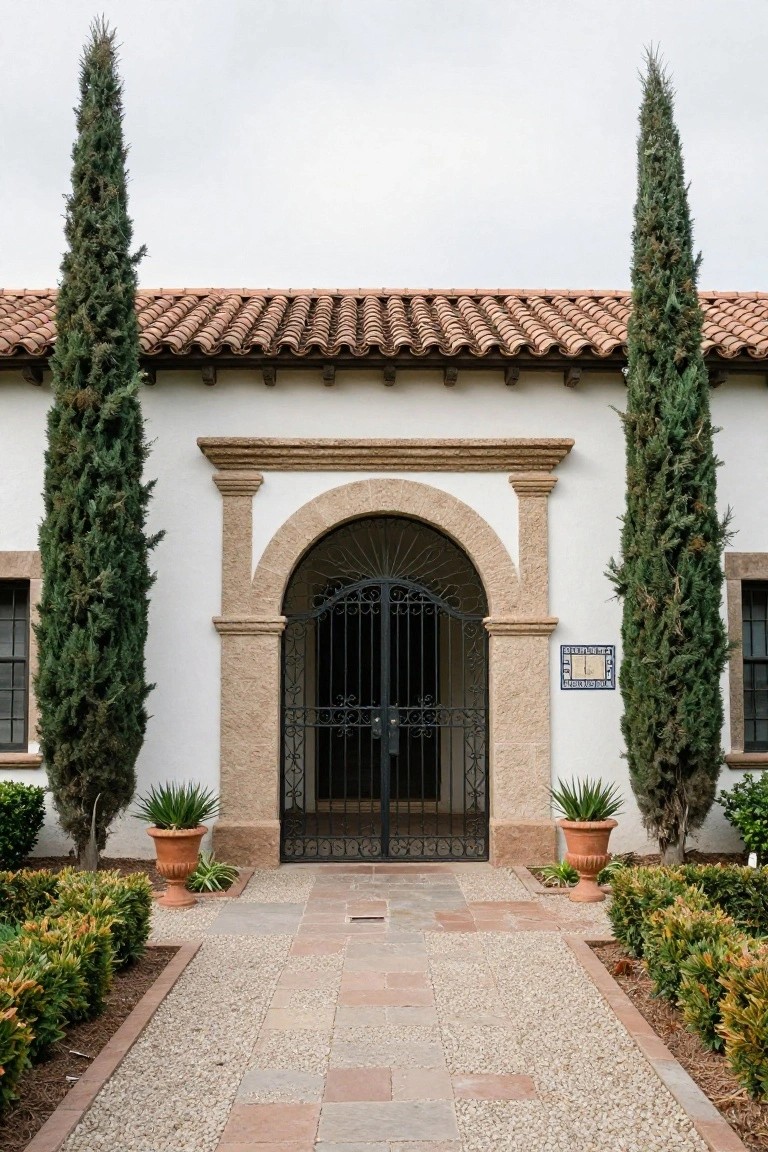 White stucco house facade with red tile roof, arched stone entryway featuring black wrought iron gate, flanked by two tall cypress trees, potted plants, boxwood hedges, and a stone pathway.