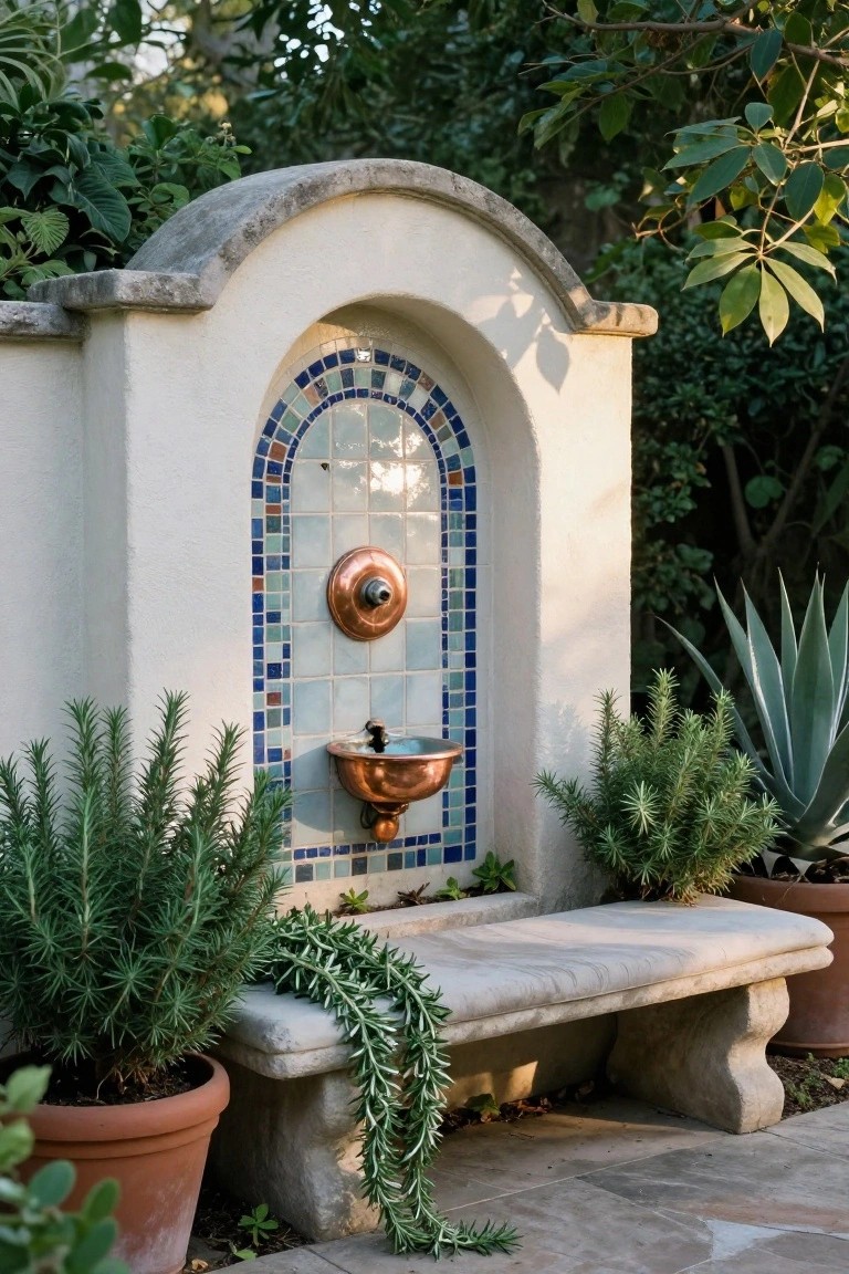 Stucco garden wall with arched niche containing blue mosaic-tiled fountain with copper basin and spout, stone bench in front draped with rosemary, surrounded by potted rosemary and agave plants on a tiled patio.