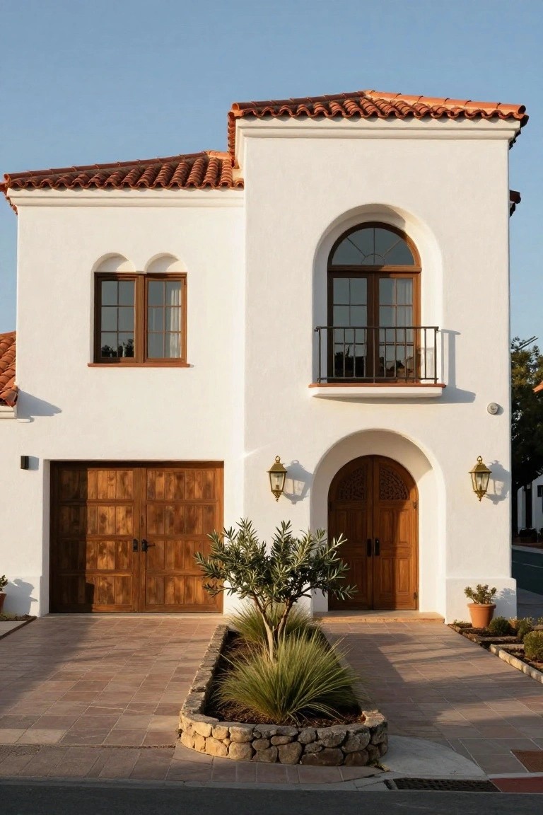 White stucco two-story house with red tile roof, arched dark wood front door flanked by lanterns, wooden garage doors, upper balcony with railing, and front yard landscaping including stone-edged planters with yucca and olive tree.