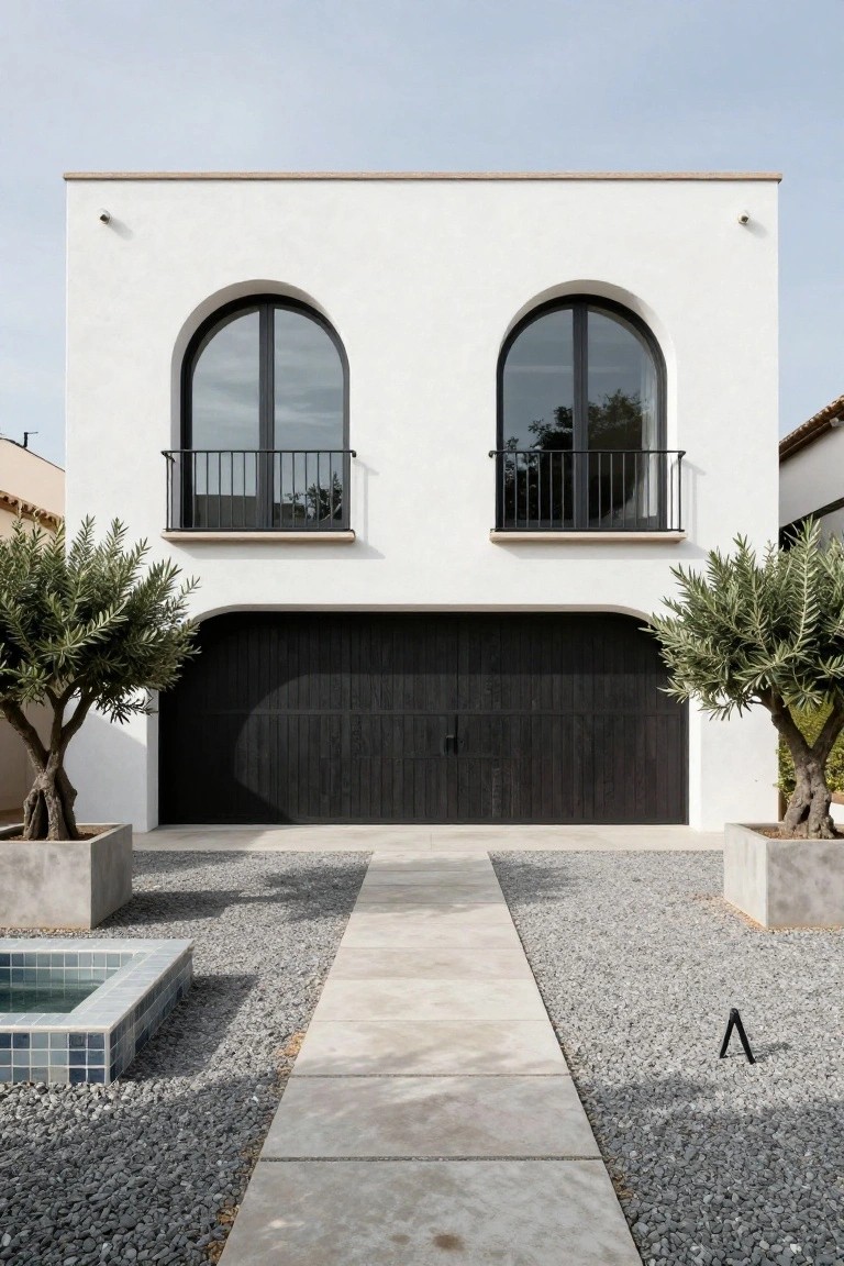 White stucco house facade with two large arched black windows above a matching arched black wooden garage door, flanked by potted olive trees, a concrete path through gravel ground, and a small blue-tiled fountain nearby.