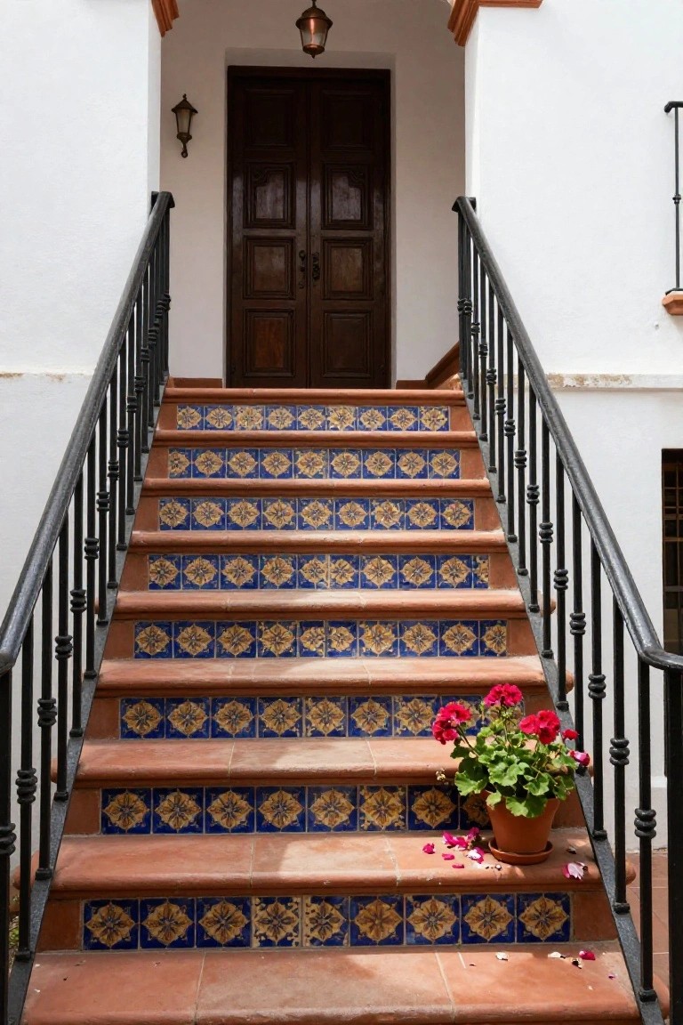 Outdoor staircase with blue and yellow patterned tiles on risers, terracotta treads, black wrought iron railings leading to a dark wooden double door, white stucco walls, wall lanterns, and a potted red geranium plant at the bottom step.