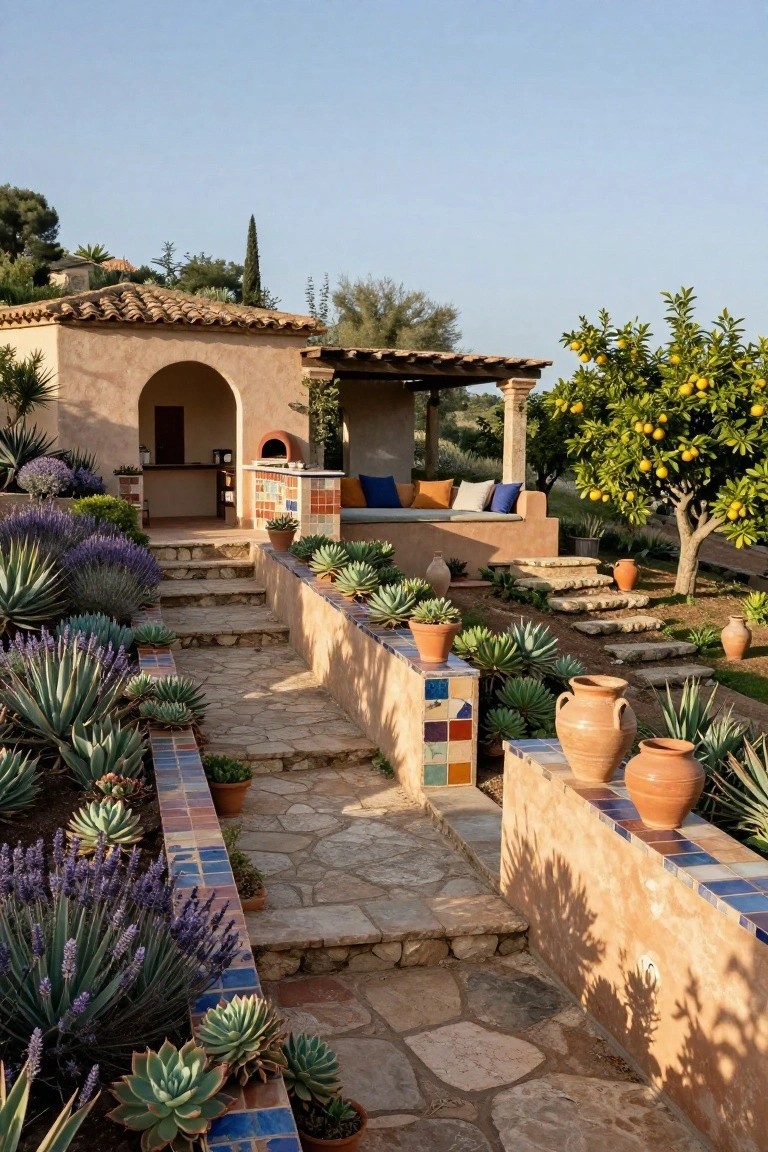 Stone steps with colorful ceramic-tiled retaining walls flanked by agave, lavender, and succulent plants lead up a slope to a stucco outdoor pavilion featuring a pizza oven, bar counter, and cushioned bench seating under a wooden pergola beside an orange tree.
