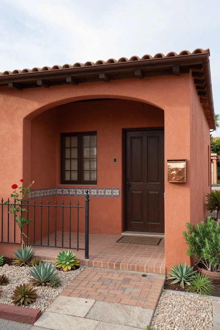 Front view of a small terracotta stucco house featuring an arched porch with dark wood door, grid window, copper mailbox, wrought iron gate with rose bush, tiled railing accents, brick landing, and succulent plantings in gravel beds.