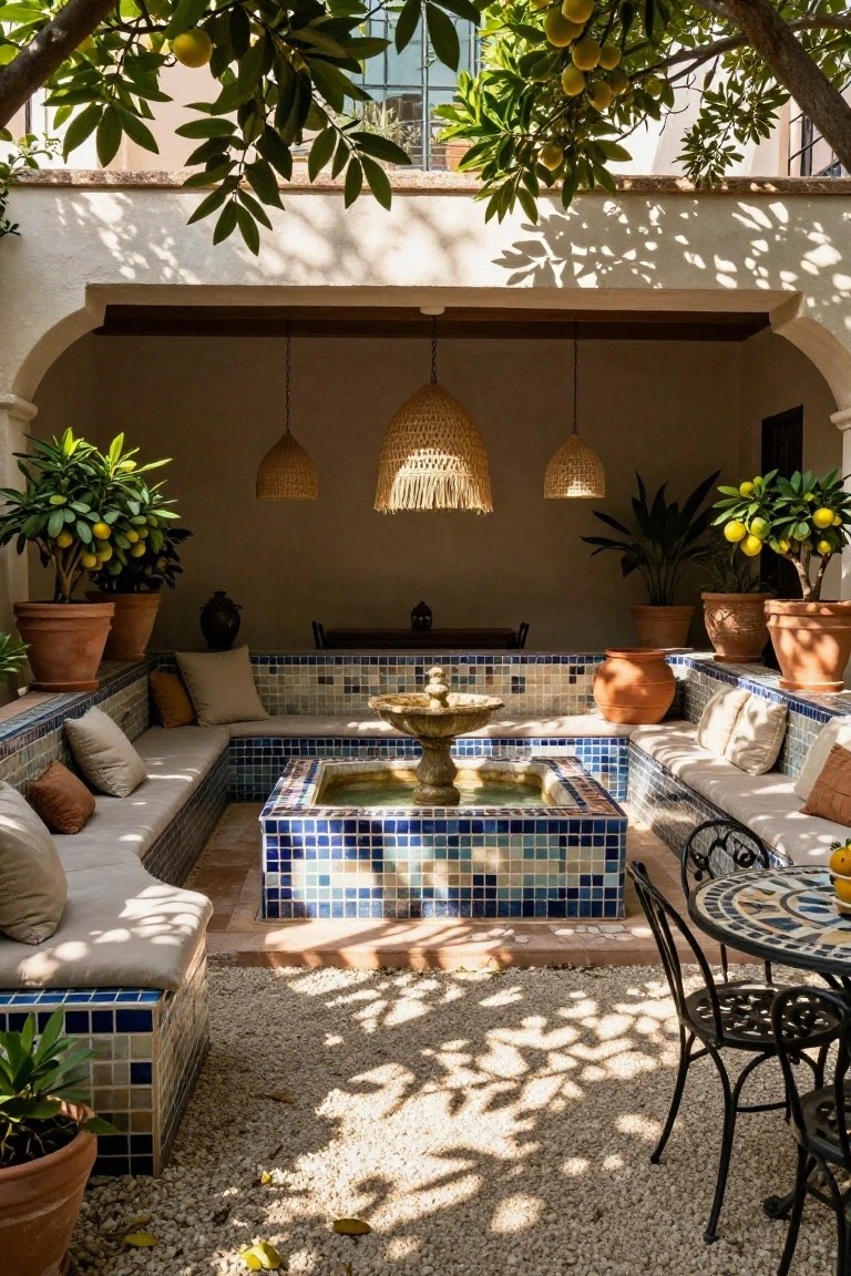 Sunlit Spanish-style courtyard with central blue-tiled sunken fountain, built-in beige banquette seating with cushions, potted lemon trees, hanging rattan lanterns, large terracotta pots, and a small wrought-iron table with chairs on gravel flooring.