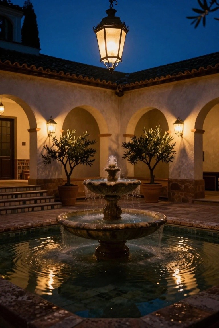 Nighttime view of a Spanish-style courtyard with a central tiered fountain surrounded by potted olive trees, arched colonnades, wall lanterns, and a hanging lantern overhead.