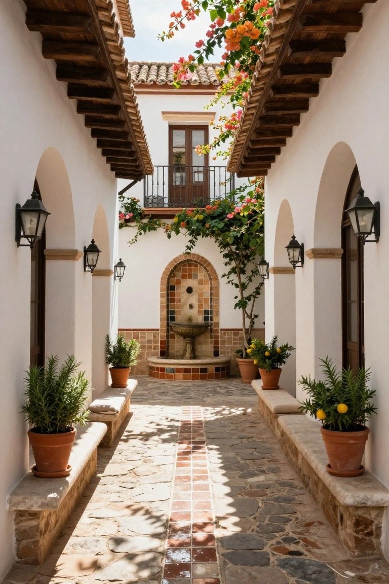 Sunlit Spanish courtyard with stone path, fountain, arches, and potted plants.