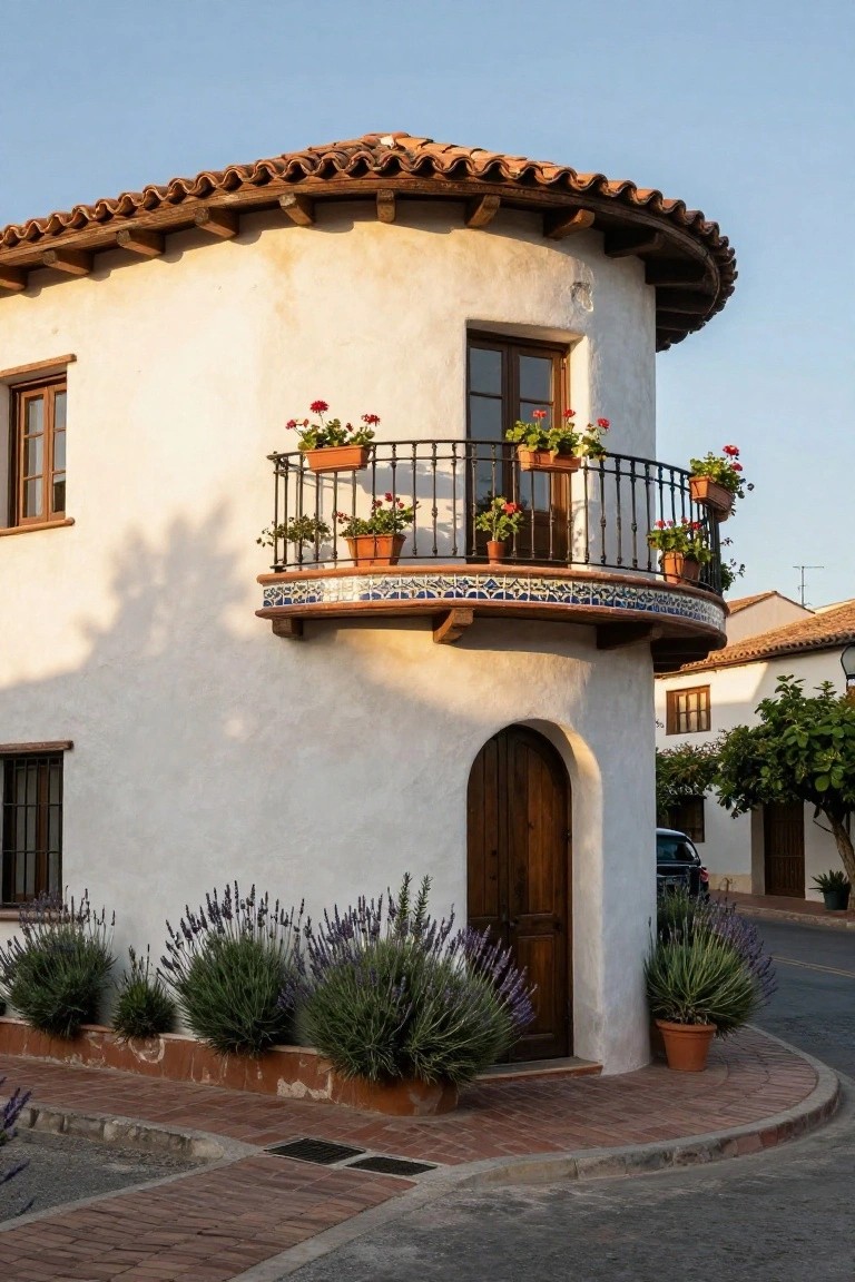 White stucco house with rounded upper corner, wrought-iron balcony edged in blue tile and holding potted red geraniums, arched wooden door, lavender bushes along the base, terracotta roof tiles, and brick pathway.