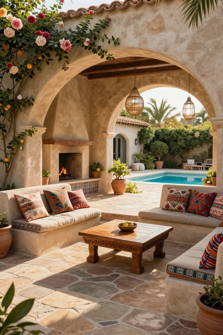 Outdoor patio in Spanish architecture with built-in cushioned benches around a low carved wooden table, a tiled fireplace, climbing roses and lemon tree on stucco arches, potted plants, and a swimming pool beyond.