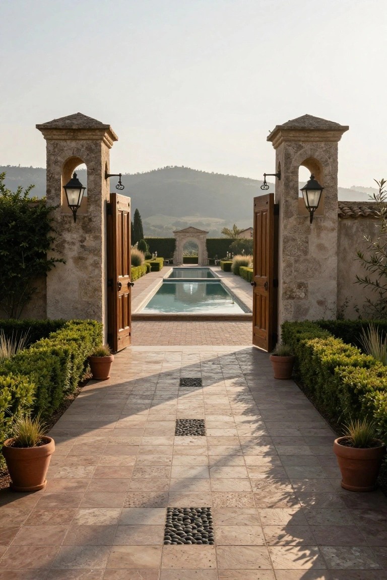 Open wooden double doors in matching stone pillars with lanterns flank a terracotta pathway lined with potted plants and hedges, leading to a rectangular pool with distant hills beyond.