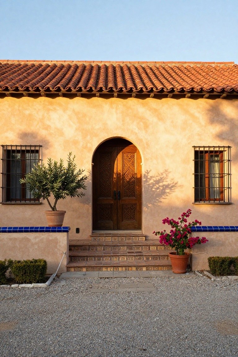 Beige stucco house exterior with terracotta tile roof, arched wooden entry door with carvings, iron-grilled windows, potted olive tree and bougainvillea plants, tiled steps, and gravel ground.