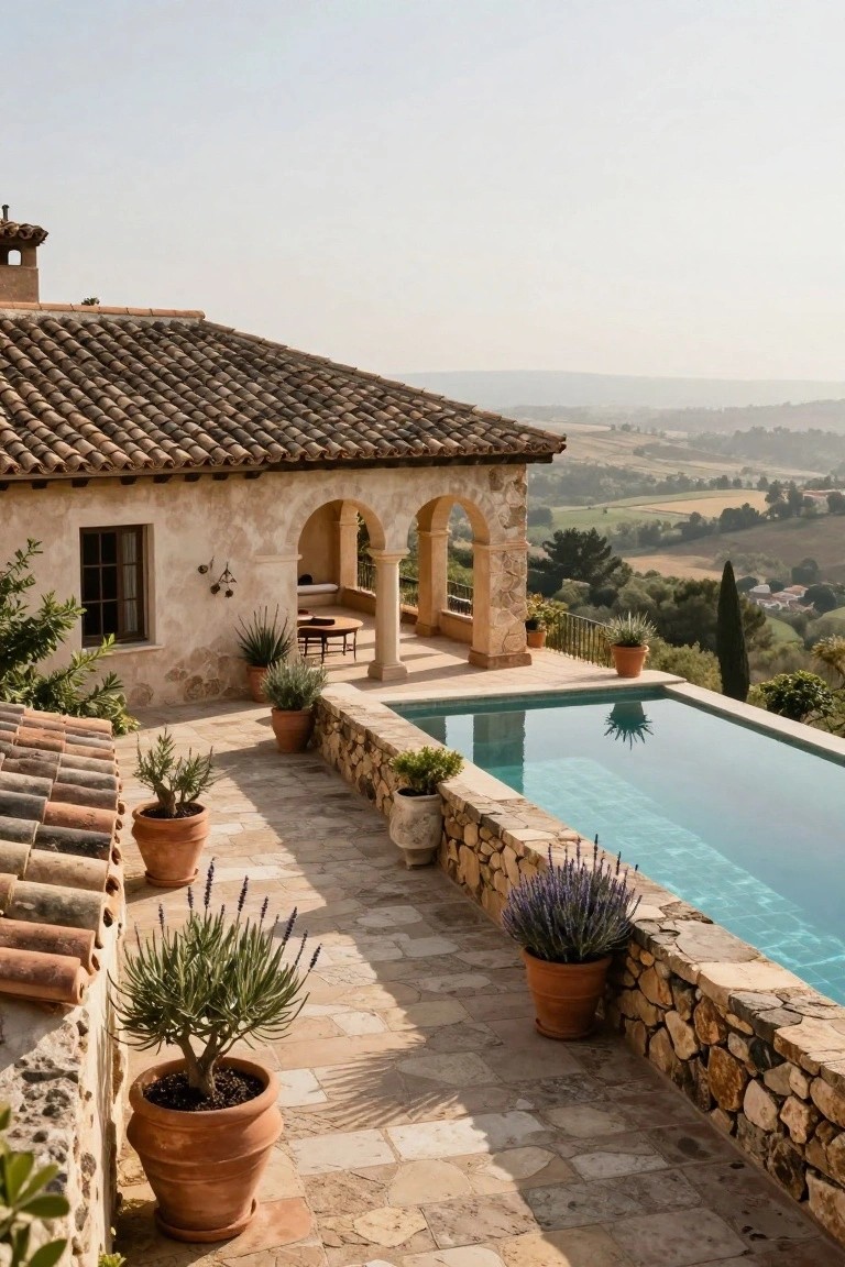 Spanish-style house exterior with terracotta roof, stucco walls, arched terrace, infinity-edge pool bordered by dry-stacked stone wall and terracotta pots of lavender and succulents, overlooking rolling hills and vineyards.