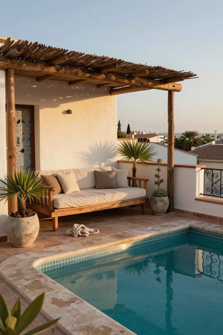 Rooftop terrace with turquoise plunge pool, wooden daybed with beige cushions and pillows, potted palms and succulents, thatched pergola on wood posts against white stucco wall, and distant sea view at dusk.