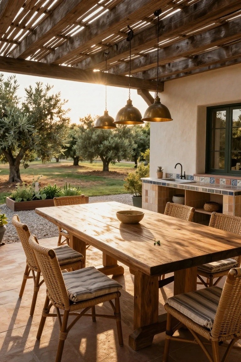 Wooden pergola covering a long rustic dining table with rattan chairs on a gravel patio next to a tiled outdoor kitchen counter, olive trees and sunset in the background.