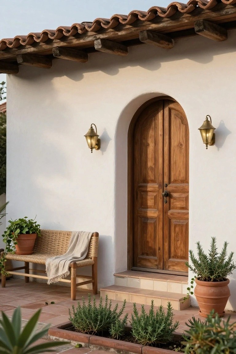 White stucco wall of a house with a centered arched wooden double door entryway, flanked by brass lanterns, a rattan bench with plants to the left, potted rosemary plants to the right, terracotta tile patio, and Spanish clay tile roof above.