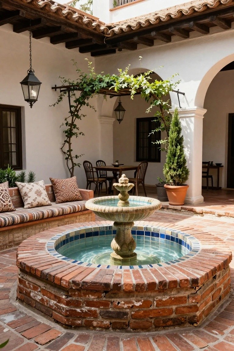 Spanish-style open courtyard with central octagonal brick fountain featuring blue tiles and stone figure, surrounded by built-in cushioned bench, potted plants, wooden chairs at table, lanterns, vines on arches, and white stucco walls.