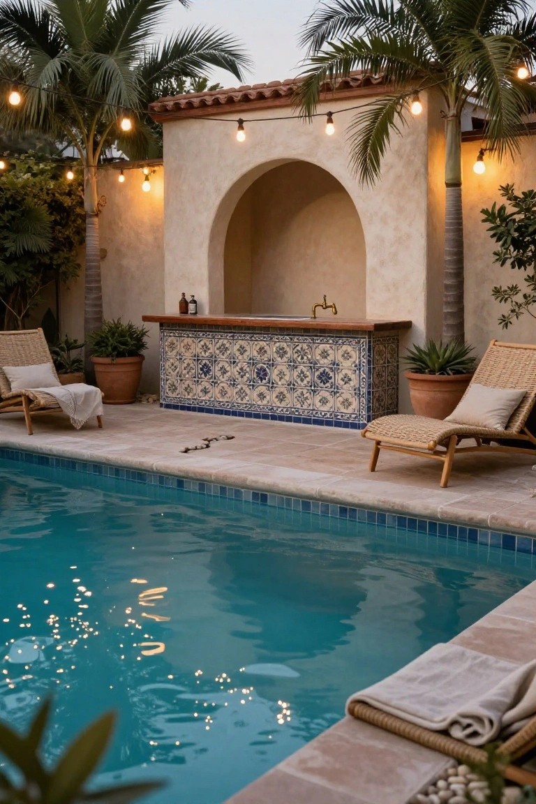 Poolside patio with built-in wooden bar under beige stucco arch, featuring blue and white patterned tile facade, brass faucet, rattan lounge chairs with cushions and throws, potted plants, palm trees, string lights, and turquoise pool at dusk.