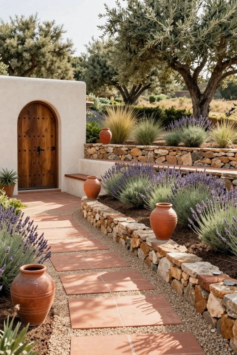 Curved terracotta brick path flanked by lavender bushes in raised beds edged by dry-stacked stone retaining walls, leading to an arched wooden door set in a white stucco wall, with olive trees and terracotta pots in a Mediterranean landscape.