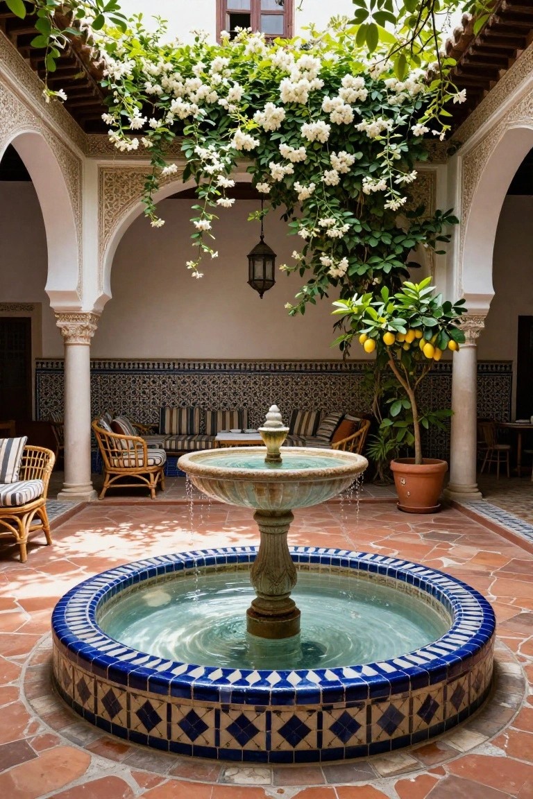 Sunlit Spanish-style courtyard with central circular fountain edged in blue and white tiles, surrounded by wicker chairs on terracotta tiles, potted lemon tree, hanging lantern, and white flowering vines on arches.