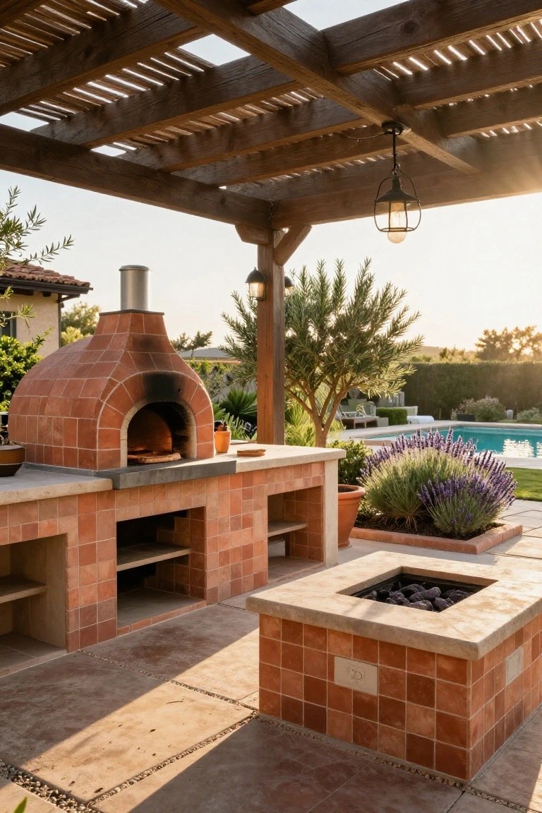 Terracotta brick wood-fired pizza oven integrated into a matching brick counter on a paved patio under a wooden pergola, with a square fire pit nearby and a pool in the background.