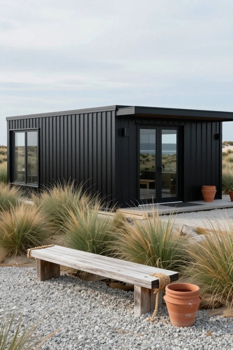 Black corrugated metal shipping container-style home with sliding windows, glass entry doors, wooden bench, terracotta pots, and dune grasses on gravel near the ocean.