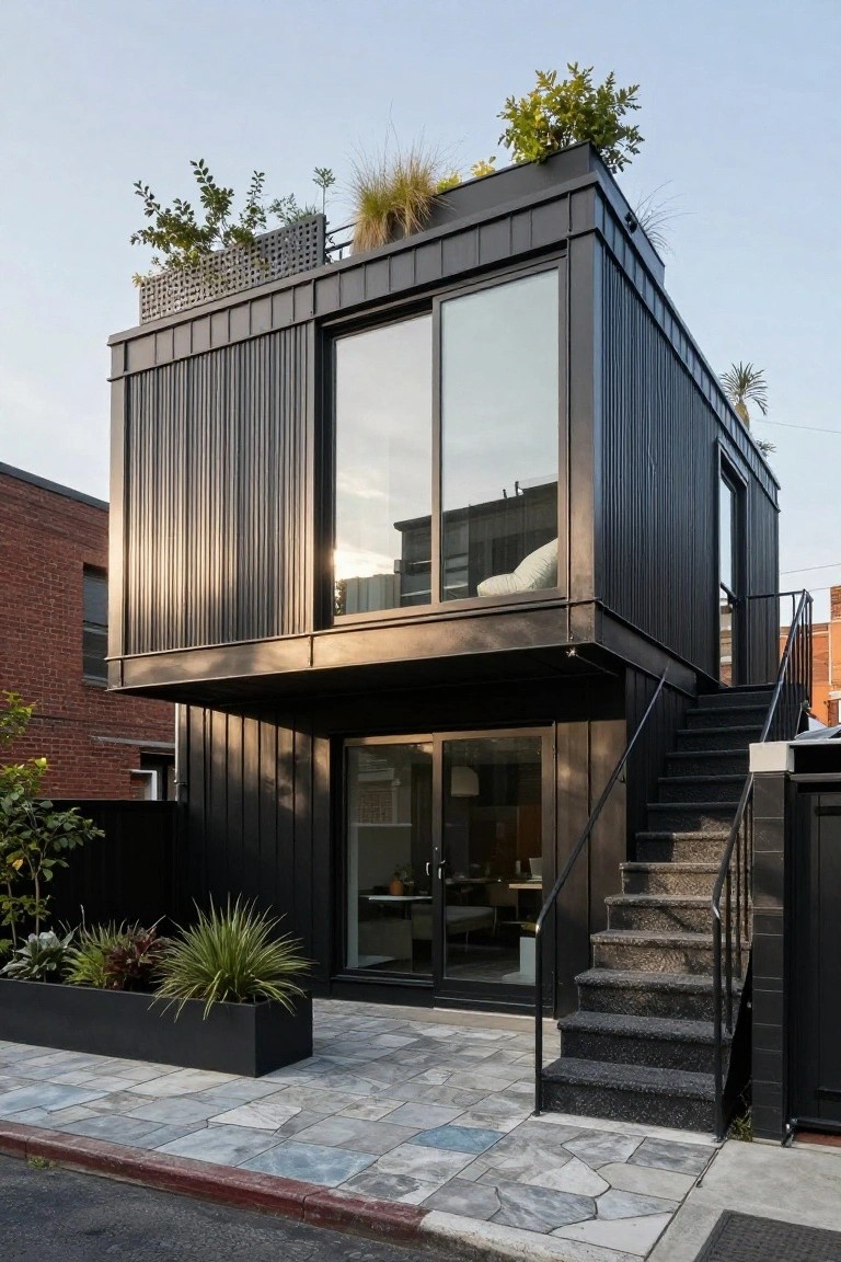 Black corrugated metal-clad elevated home with large glass windows, rooftop plants, external metal stairs to glazed entry door, black planters with grasses, and stone paving beside brick buildings.