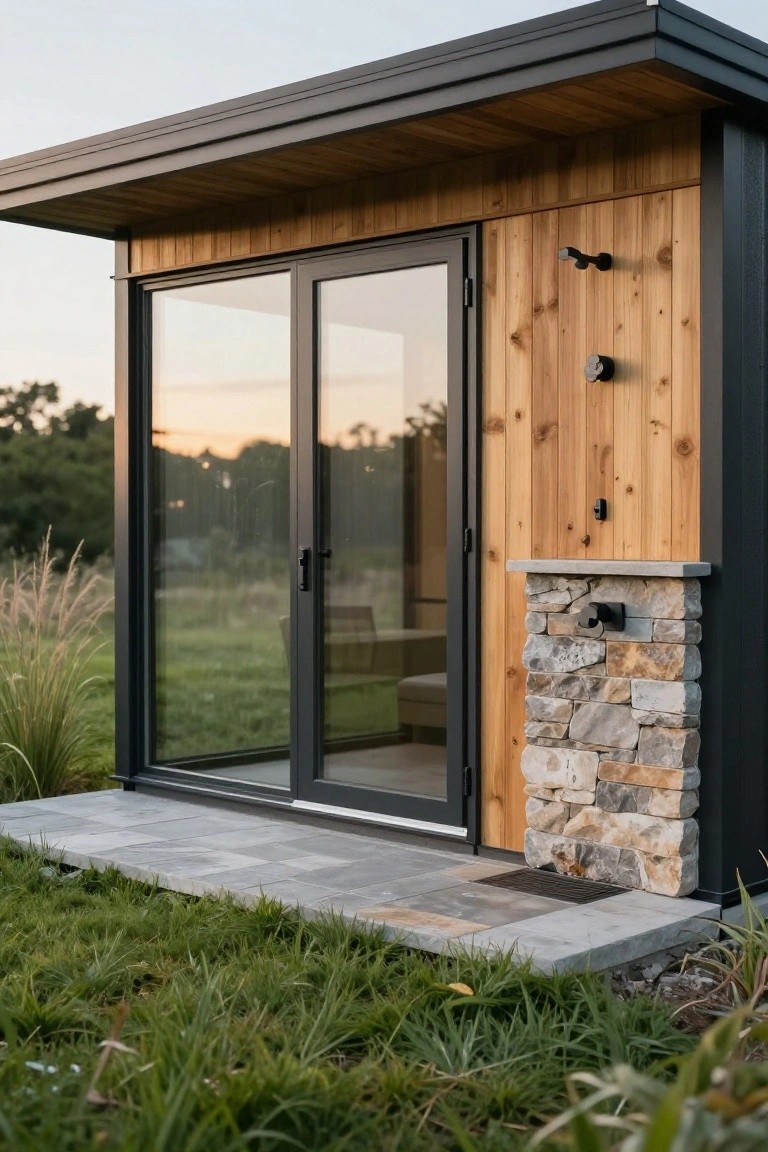Small modern outbuilding featuring black metal roof and window frames, vertical cedar wood siding, large glass sliding doors, stone pillar accent, and concrete patio in a grassy yard with pampas grass nearby at sunset.