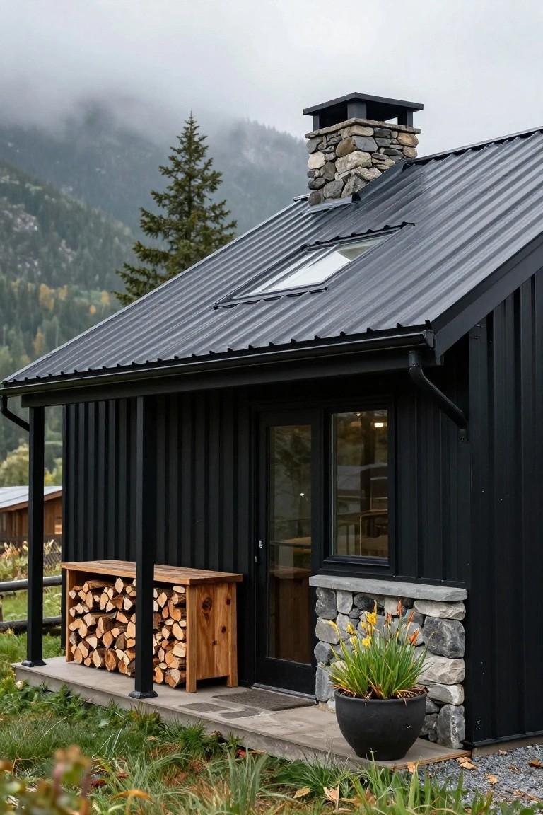 Black vertical-paneled metal cabin with corrugated metal roof, stone chimney and base, covered porch holding wooden firewood rack, glass entry door, potted plant, and surrounding grass and mountains in foggy weather.