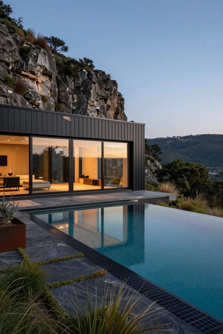 Black metal-clad modern house with large glass walls, wooden interior visible, infinity-edge pool, and terrace on a rocky cliffside overlooking hills at dusk.