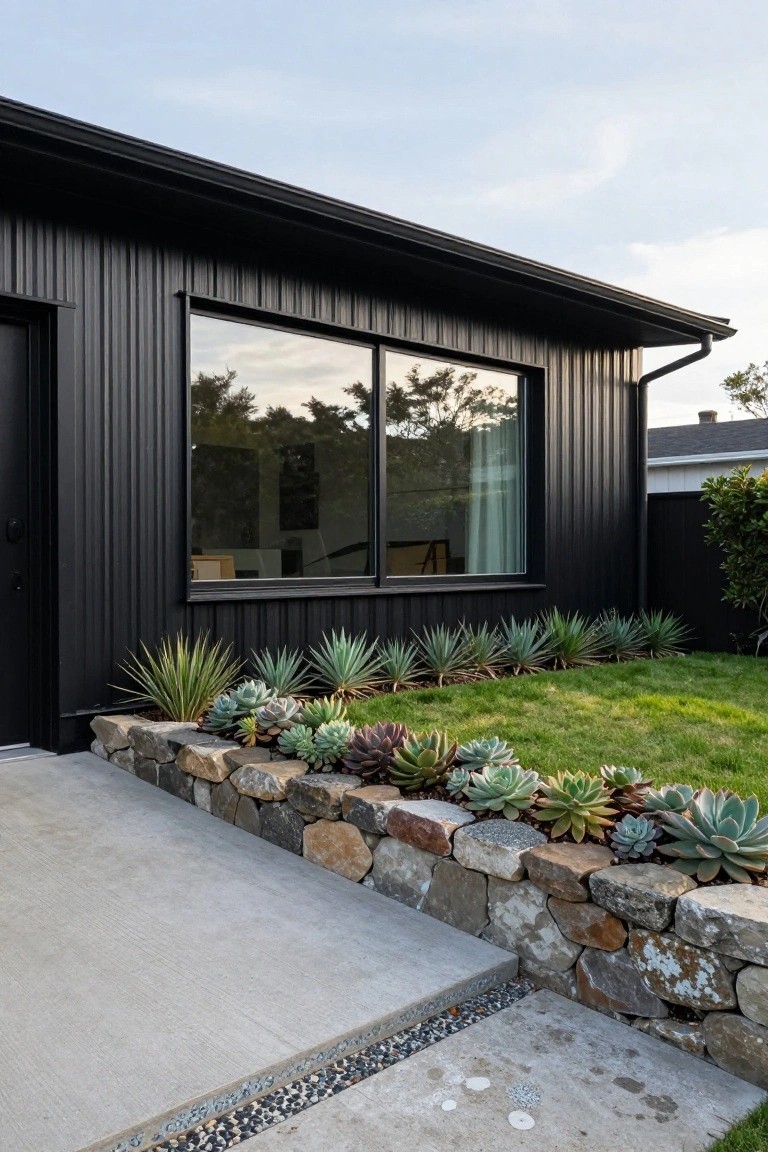Black corrugated metal siding on a modern house exterior with a large reflective window, black front door, stone retaining wall planted with agaves and succulents, concrete pathway, green lawn, and gravel drain.