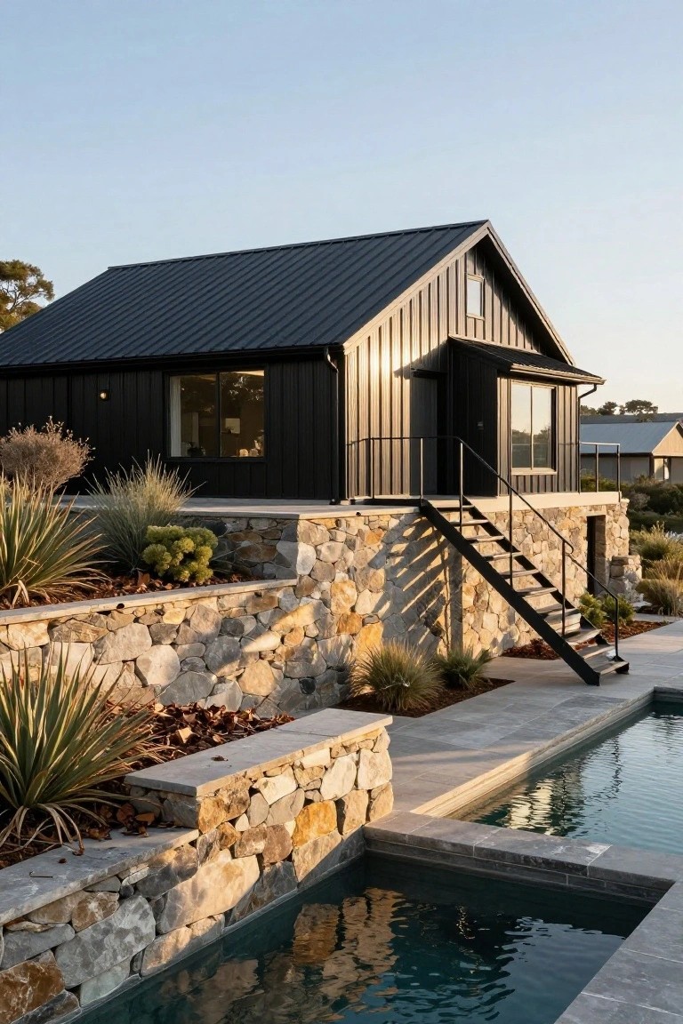 Black metal-clad house with gabled roof and vertical siding elevated on dry-stacked stone retaining walls above a rectangular pool, surrounded by agave plants, grasses, and pavers.