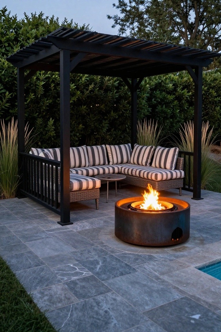 Black metal pergola covering an L-shaped striped sofa on a gray slate tile patio surrounding a round corten steel fire pit next to a pool, with ornamental grasses and hedges nearby.