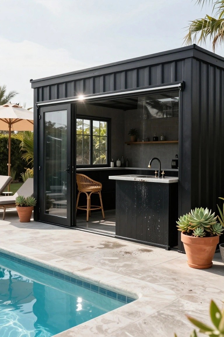 Black metal shipping container-style building with open glass doors used as an outdoor bar next to a turquoise pool on a light stone deck, featuring a rattan stool, sink, potted succulents, and nearby lounge chair.