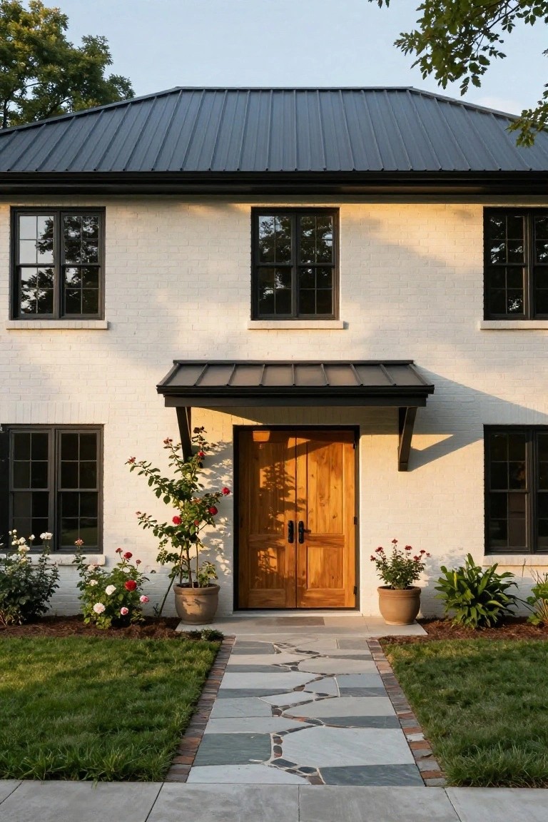 White brick two-story house with black metal standing-seam roof, black metal awning over wooden double front doors, black-framed windows, potted rose bushes flanking the entry, stone pathway, and surrounding lawn and trees.