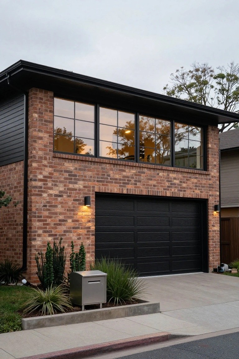 Two-story brick house exterior featuring black metal roof, upper siding, large black-framed grid windows, black garage door, wall-mounted lights, succulent plants, stainless steel mailbox, and concrete driveway.