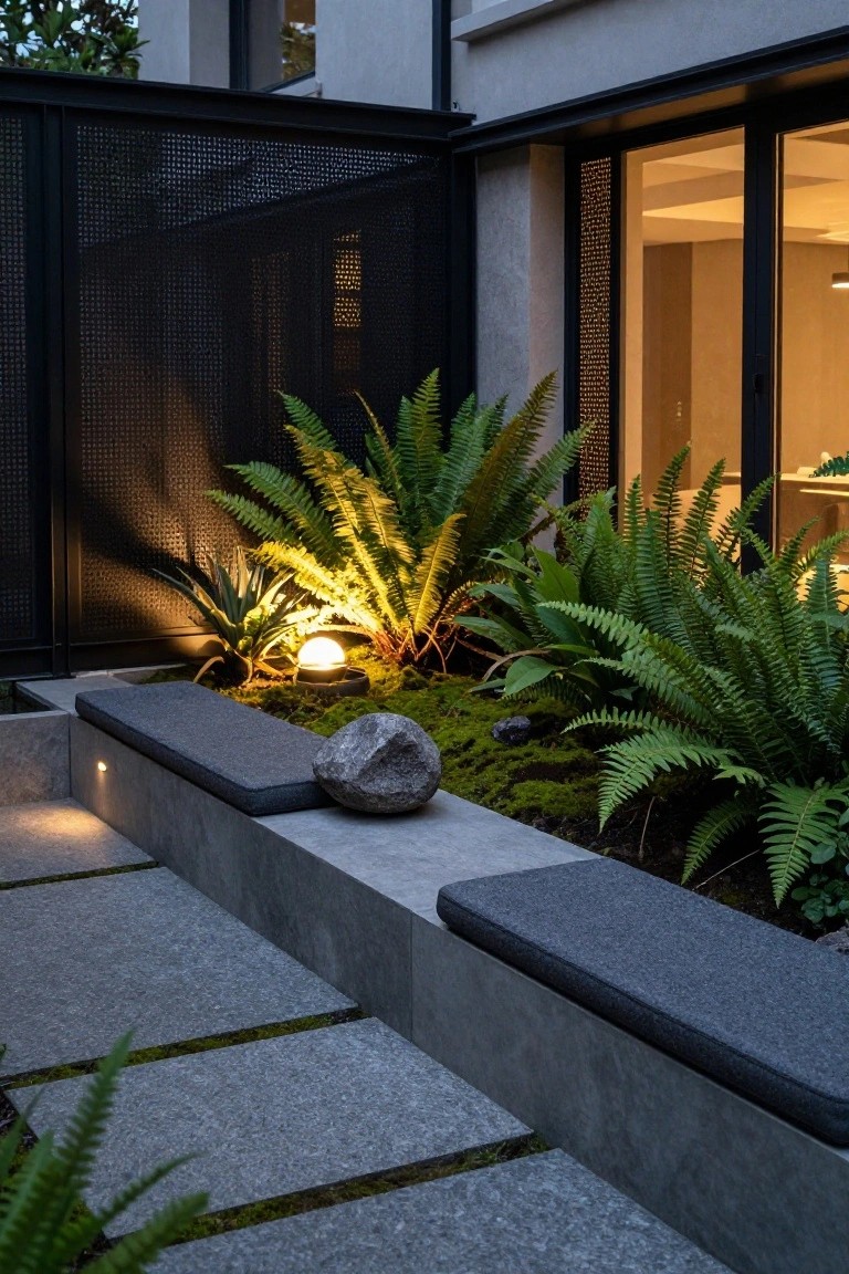 Outdoor seating nook featuring black metal mesh screen fence, low concrete bench with gray cushions on planter edge, lush green ferns, moss-covered rocks, globe light, and stepping stone path beside glass house doors at dusk.