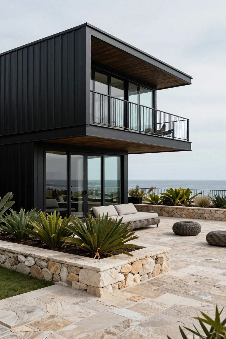 Two-story modern house with black corrugated metal siding, cantilevered wooden balcony with railing, large glass doors on lower level, stone retaining wall with agave plants, tiled patio, and ocean view.