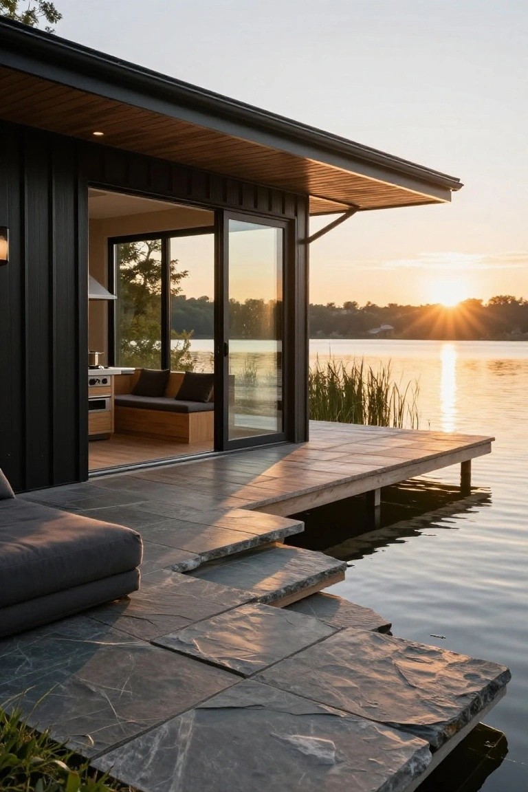 Black metal sided cabin on wooden pilings extending over a lake, featuring large open sliding glass doors revealing a kitchenette and bench inside, with a gray sofa on the adjacent slate-tiled deck at sunset.