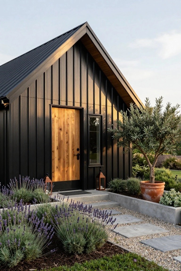 Black board-and-batten metal-sided house exterior with light wooden front door and small black-framed window, entry path of concrete pavers, flanked by lavender plants and lanterns, olive tree in terracotta pot nearby.