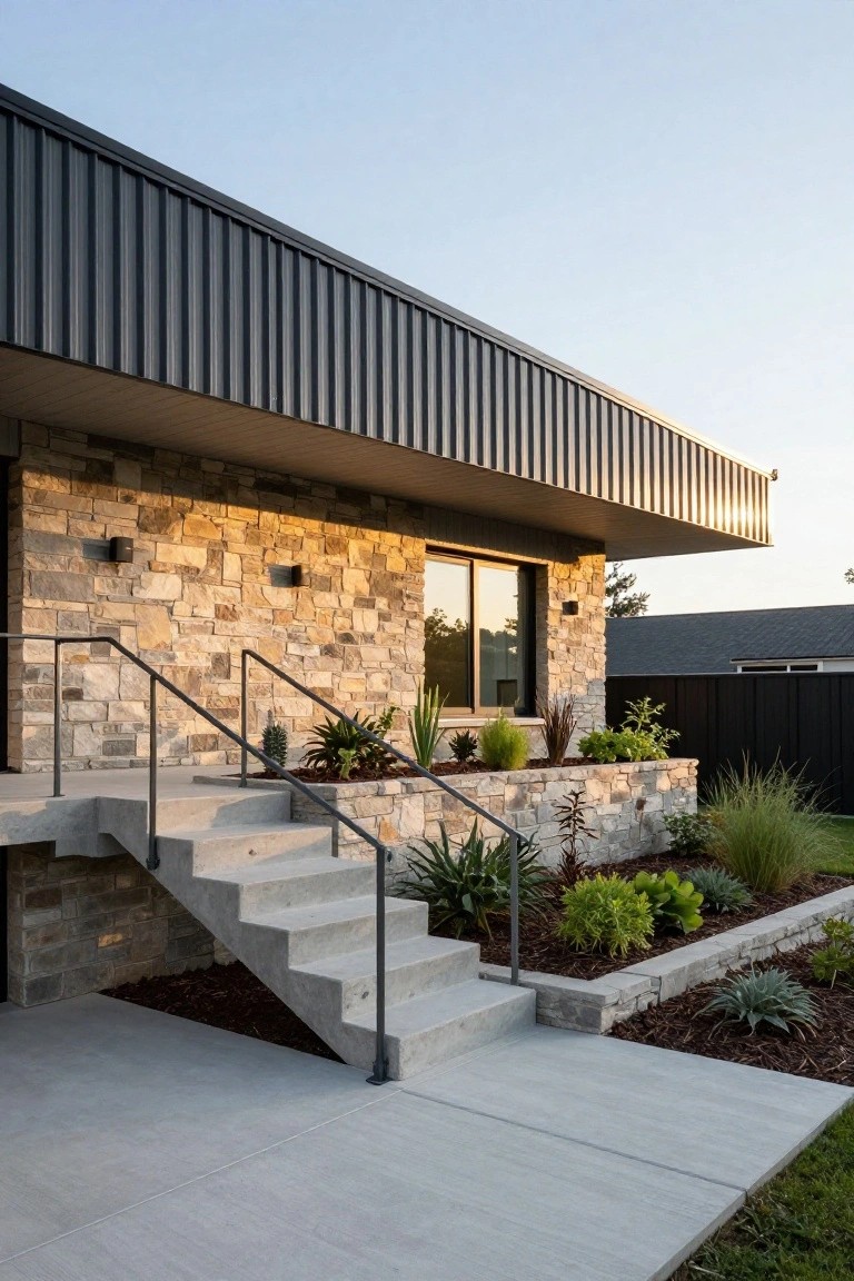 Modern house exterior with black corrugated metal upper cladding and overhanging roofline above light stone walls, concrete steps with metal railings leading to an entry, and low planting beds with succulents and grasses.