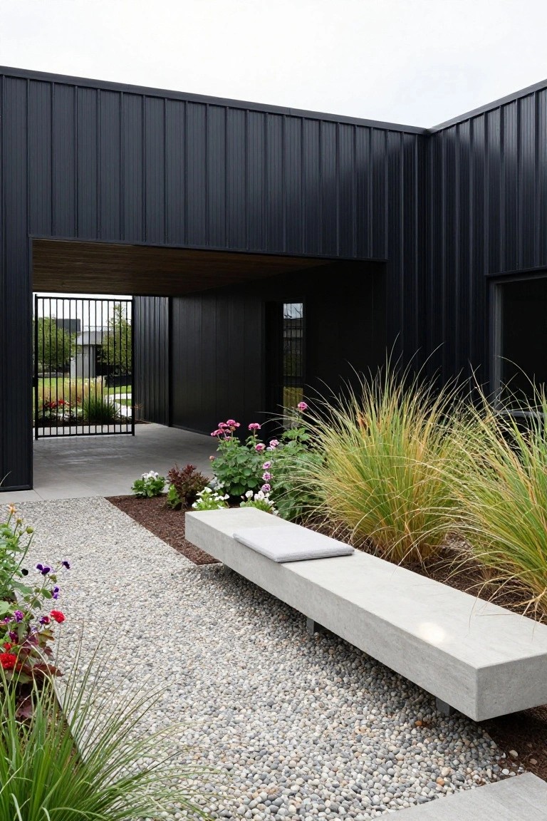 Modern house exterior with black corrugated metal walls, open covered entryway featuring a black metal gate, concrete bench on gravel pathway lined with ornamental grasses and flowers.