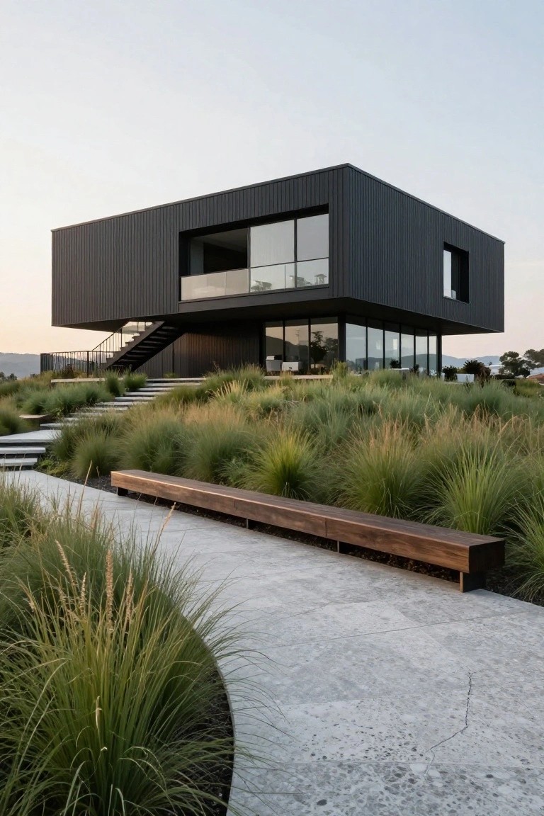 Modern rectangular black metal-clad house elevated on pillars above a grassy hillside, featuring large glass walls, external metal stairs, concrete steps, a wooden bench along a stone path, and surrounding tall golden grasses.