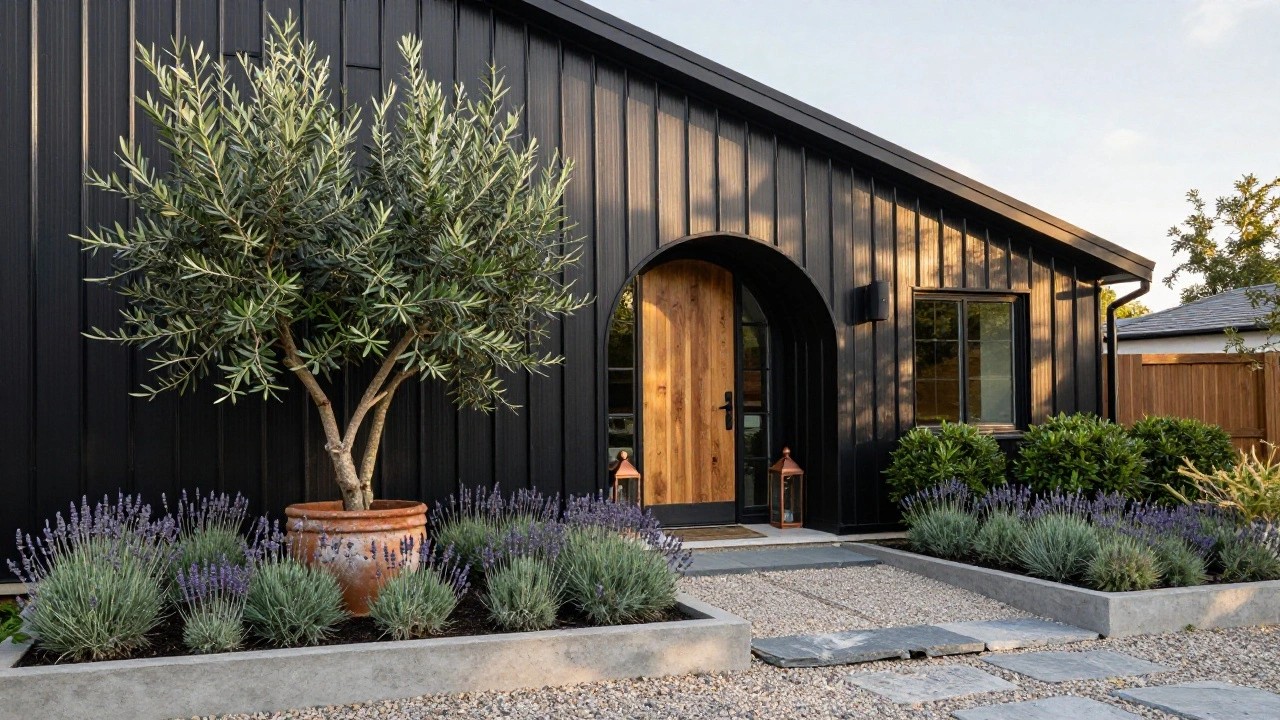 Black board-and-batten metal-sided house exterior with light wooden front door and small black-framed window, entry path of concrete pavers, flanked by lavender plants and lanterns, olive tree in terracotta pot nearby.