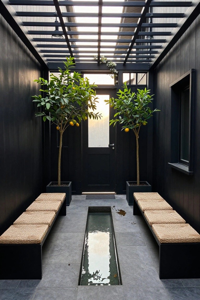 Enclosed courtyard with black wood walls and pergola roof, two potted lemon trees flanking a black door, black benches on either side of a narrow reflective water channel in the gray tile floor.