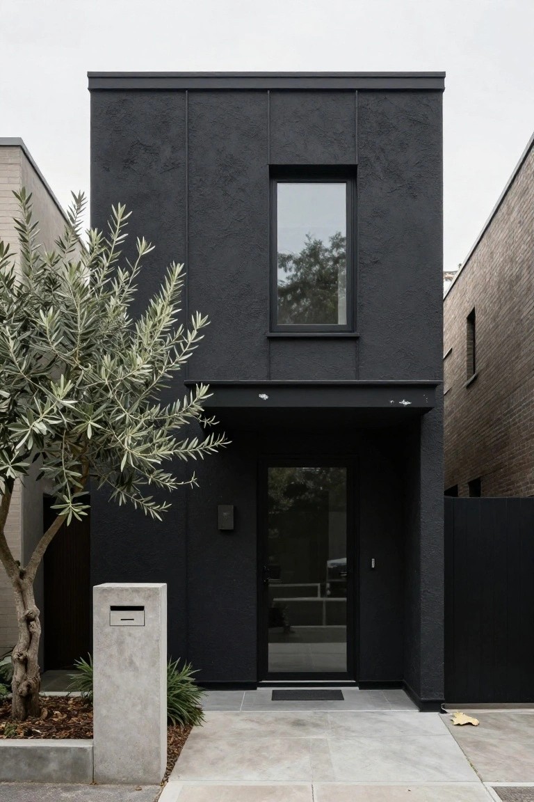 Narrow two-story modern house with matte black textured walls, tall olive tree to the left, concrete mailbox post, frameless glass front door, concrete pavers, and neighboring brick homes under cloudy sky.