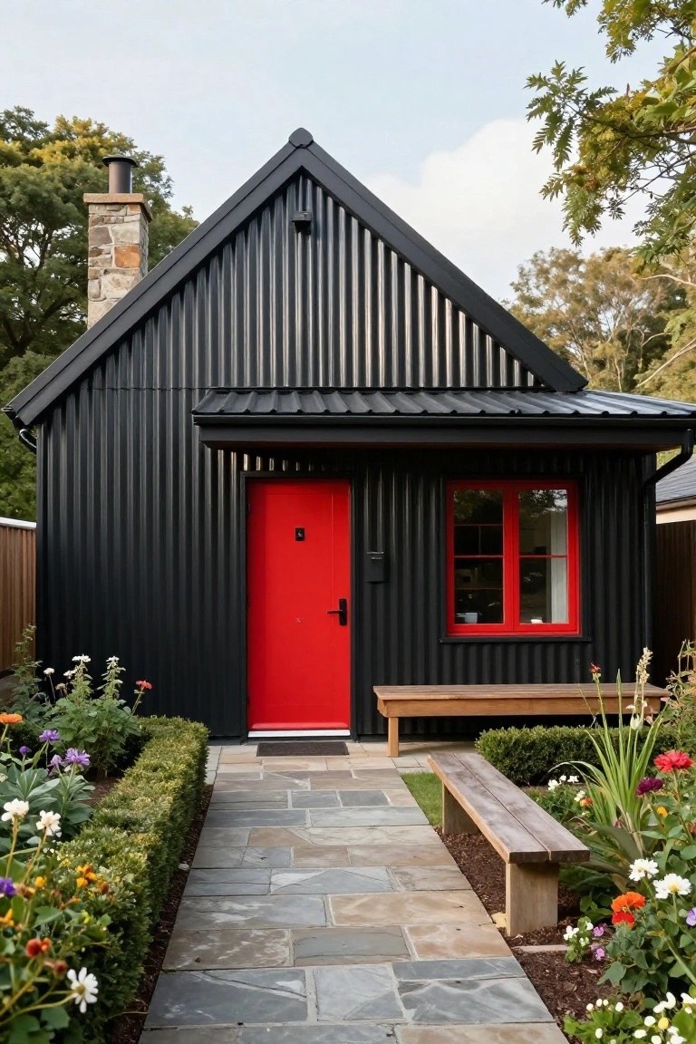 Small black corrugated metal house with peaked roof, stone chimney, red front door, red window, covered entry porch, stone pathway, wooden bench, boxwood hedges, and colorful flower beds.