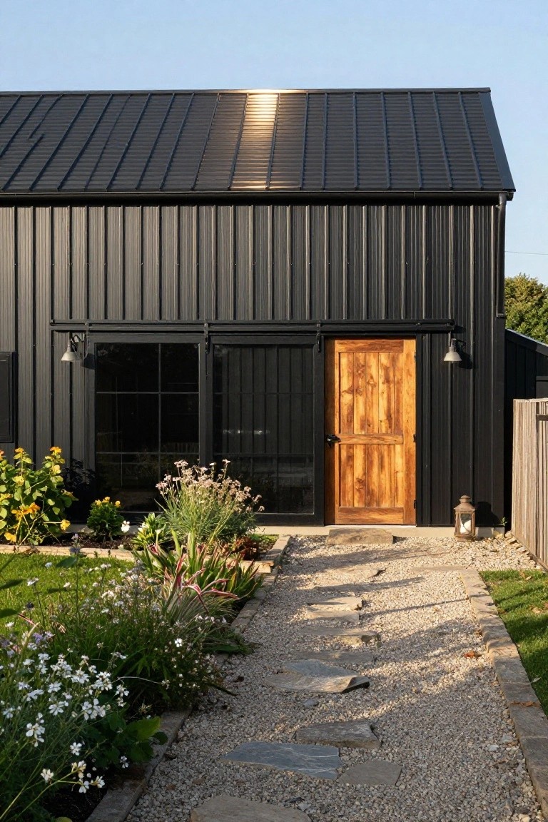 Black corrugated metal building exterior featuring a wooden double entry door next to a black-framed sliding glass door, with wall-mounted lanterns, garden plants, and a stone-stepped gravel path leading to the entrance.