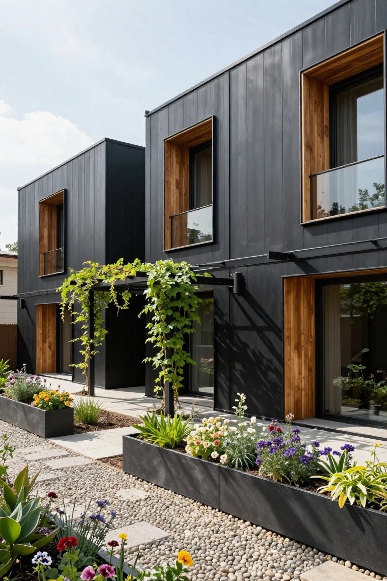 Two modern black metal-clad buildings with wooden window frames, glass balconies, vine-covered metal pergola at entry, large black planters with colorful flowers, and pebble path with stone pavers.