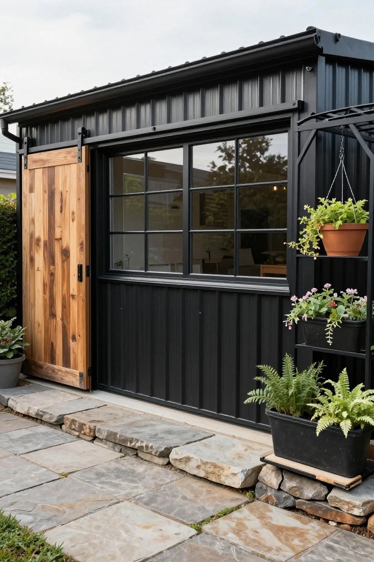 Black shipping container-style building with corrugated metal siding, a large open wooden sliding barn door next to a multi-pane window, potted plants on a metal shelf, and a stone pathway in front.